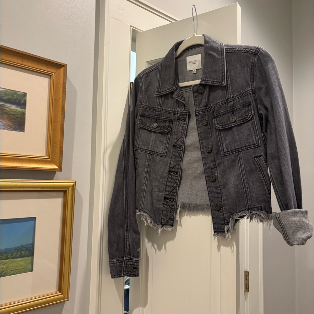Topshop Gray Denim Jacket with Frayed Hem